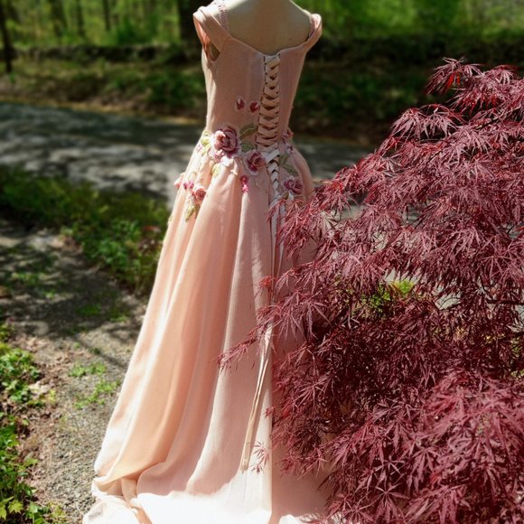 Floral Gown Off the Shoulder Straps Puffy A line Hand Made Floral Dress - Picture 5 of 10